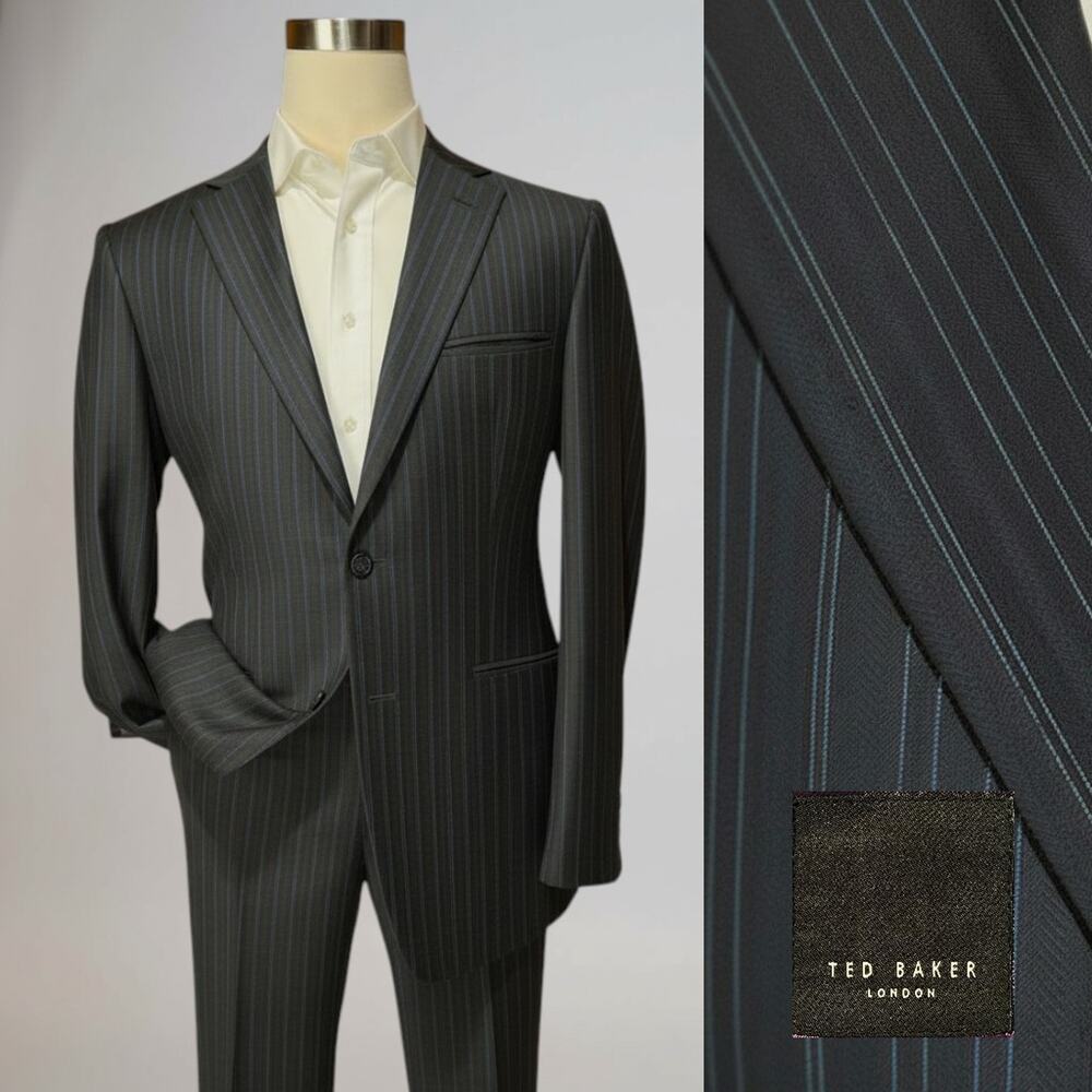 Ted Baker London 42 - 44L 36x31 Black w/ Tonal and Ice Blue Stripe Suit Modern
